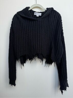 Wildfox Black Cropped Distressed Crew Sweater